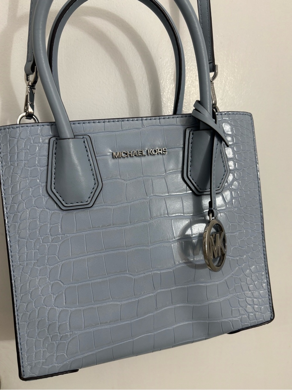 Michael Kors Croc-Embossed Crossbody in Light Blue with Silver Hardware